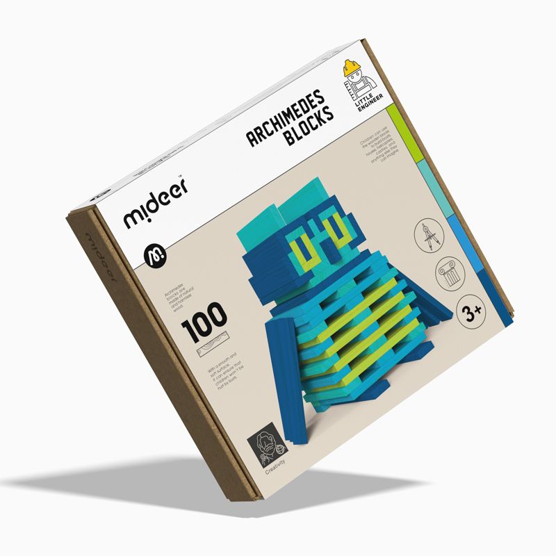 Opakowanie drewniane klocki Archimedes marki MOB z 100 elementami do kreatywnej zabawy dla dzieci powyżej 3 lat