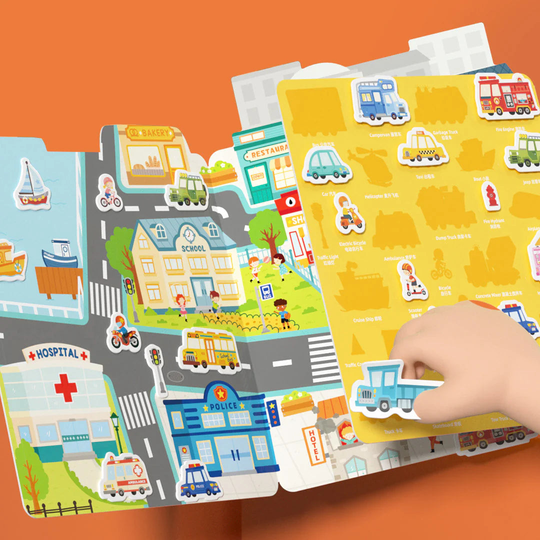 Żelowe naklejki wielorazowe dla dzieci z motywami pojazdów i budynków do zabawy edukacyjnej