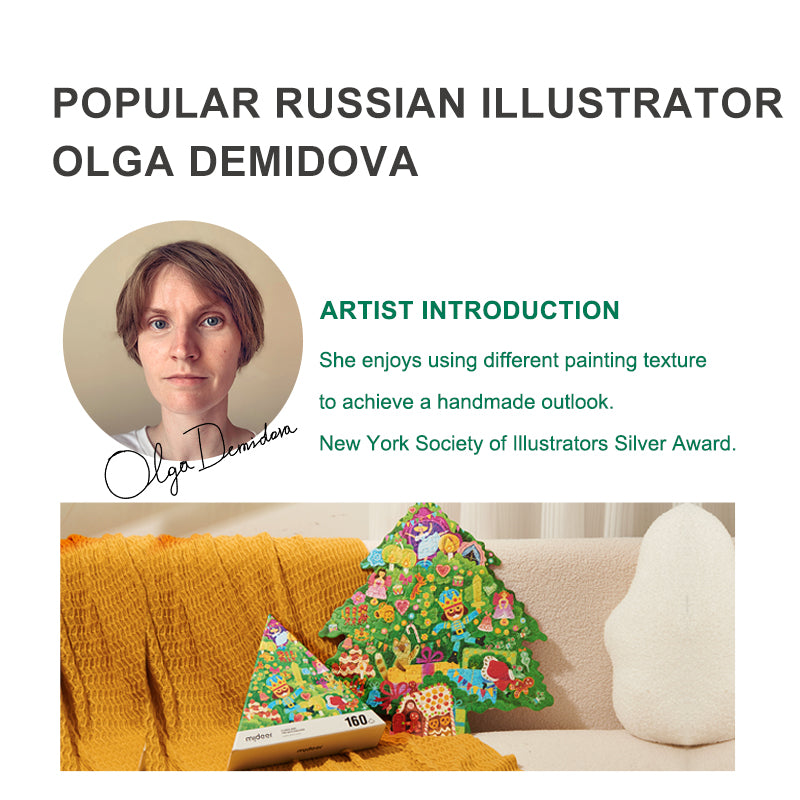 Świąteczne puzzle dla dzieci od mideer w kształcie choinki z kolorowymi ilustracjami na kanapie