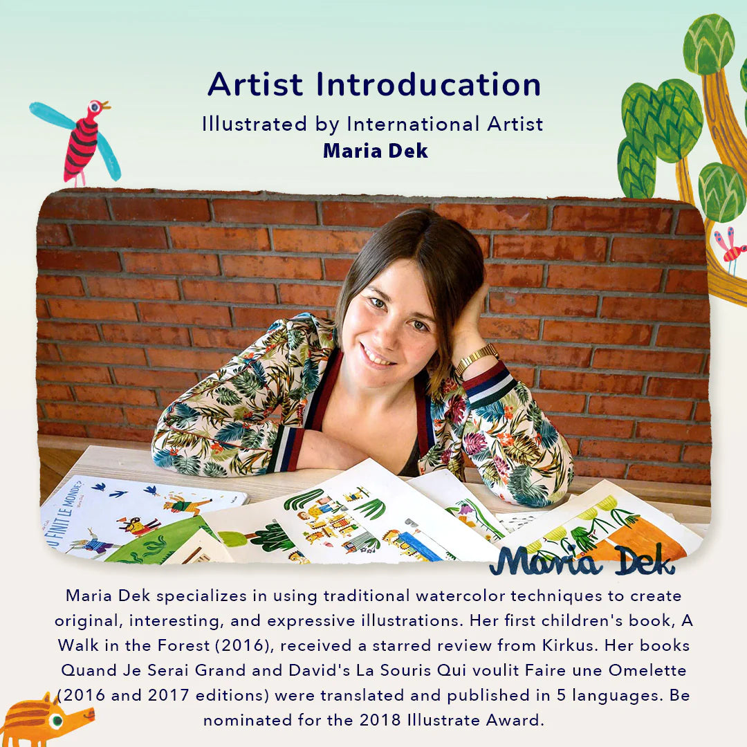 Puzzle artystyczne drzewo życia od mideer z ilustracją Marii Dek na stole i młodą kobietą w kolorowej bluzie