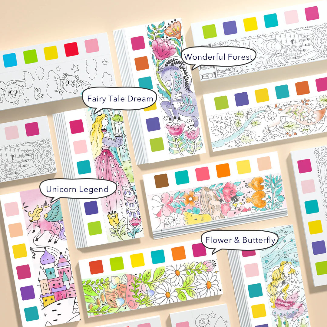 Kolorowanka akwarelowa kwiaty i postacie z bajek od Yamann z paletami kolorów do malowania