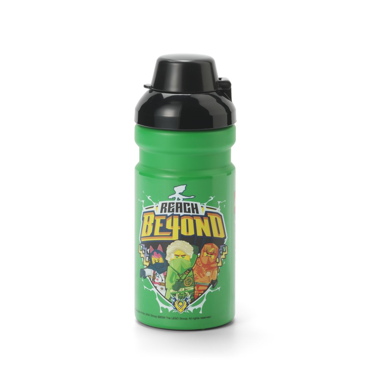 Zielony bidon LEGO Ninjago z czarną nakrętką i grafiką bohaterów z serii Ninjago