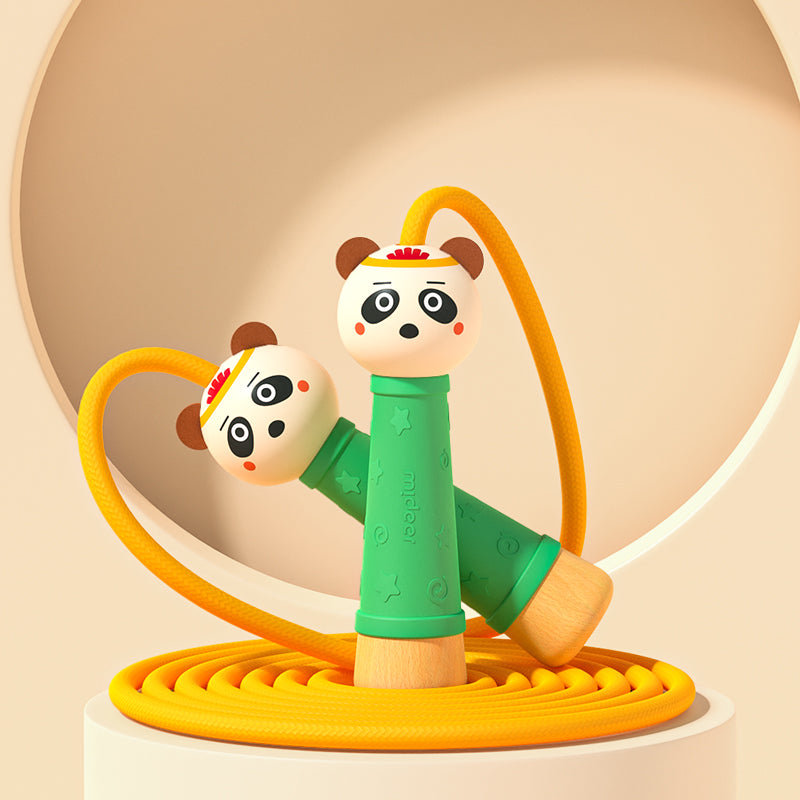 Skakanka dla dzieci panda marki mideer z zielonymi uchwytami i żółtą linką