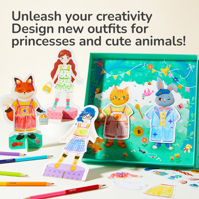 Kolorowanka i przebieranka dla dzieci z postaciami zwierząt i księżniczek do kreatywnej zabawy