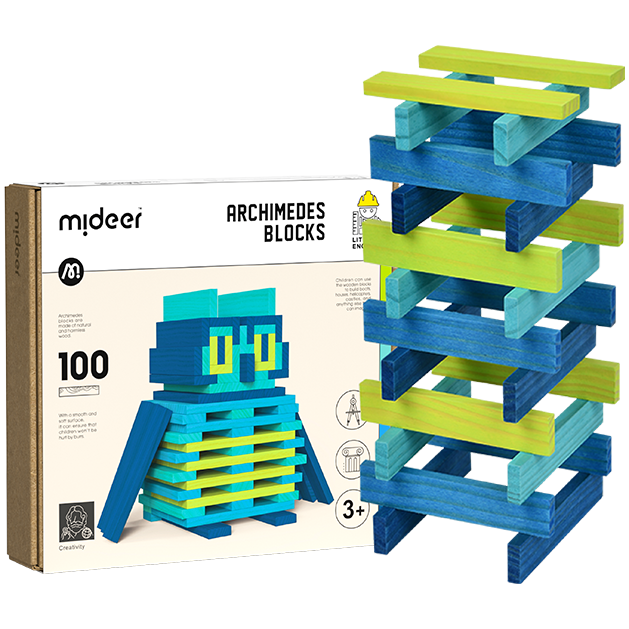 drewniane klocki Archimedes w niebiesko-zielonych kolorach z pudełkiem i modelem sowy