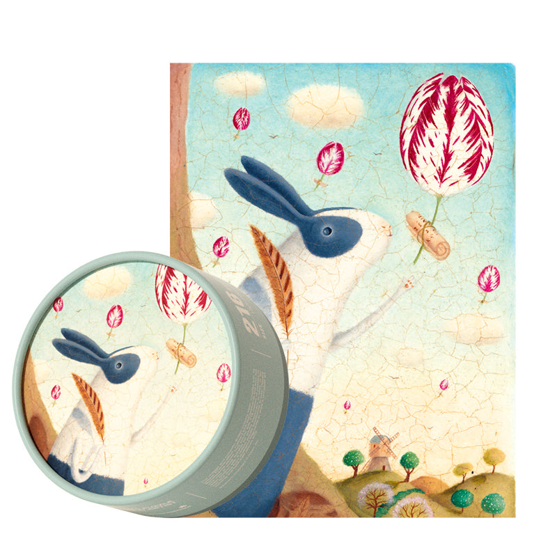 Puzzle artystyczne dla dzieci z obrazem królika trzymającego balon na tle nieba i krajobrazu od marki mideer