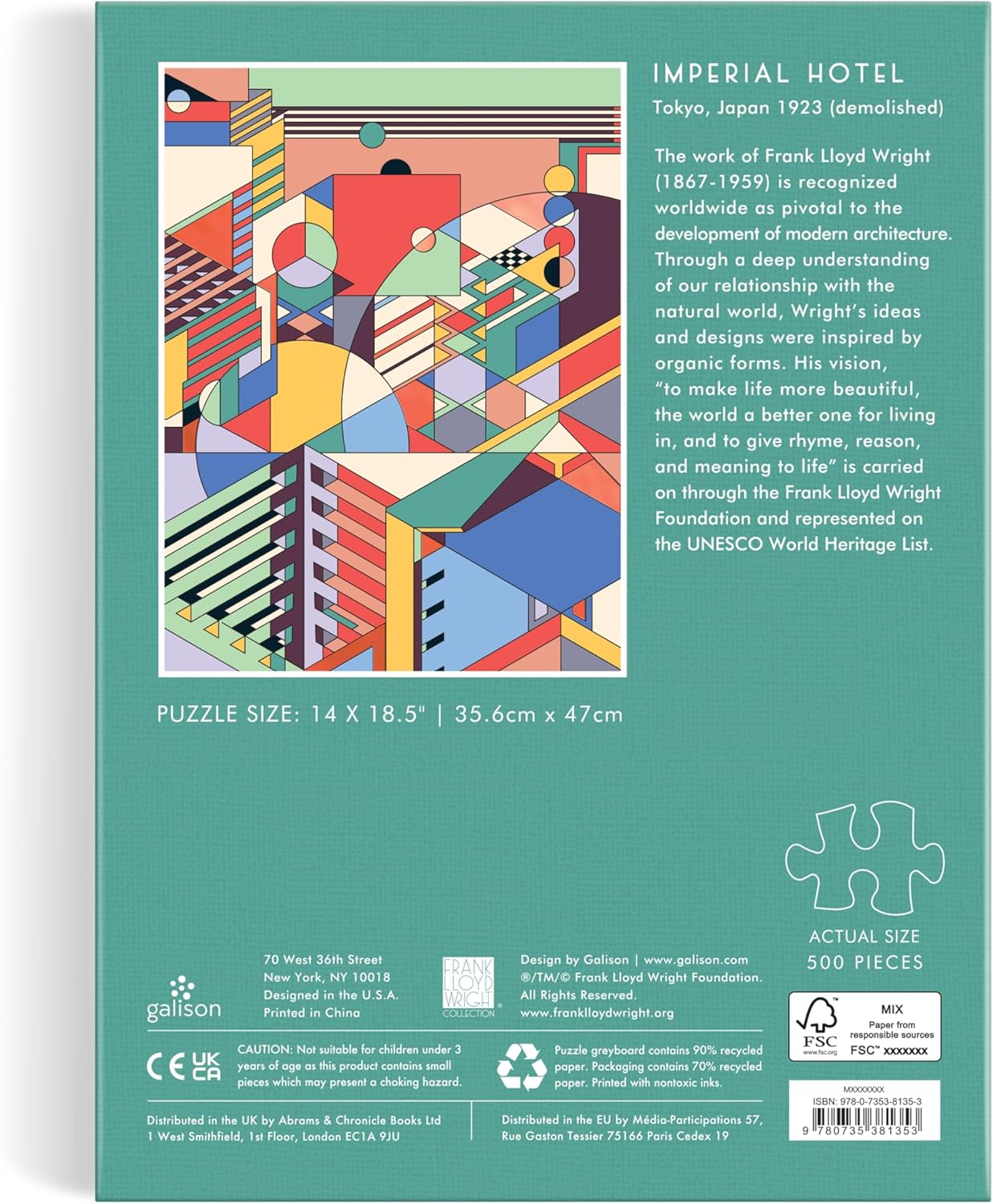 Puzzle Frank Lloyd Wright 500 elementów Imperial Hotel z geometrycznym, kolorowym wzorem architektonicznym