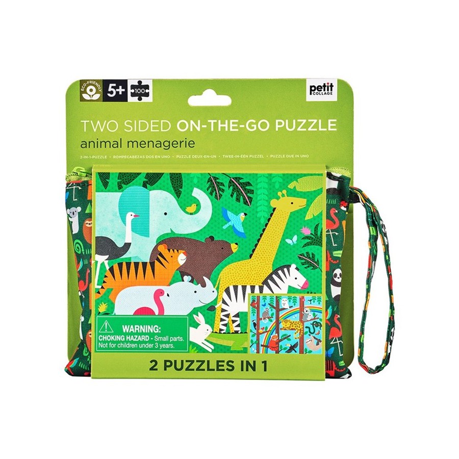 Dwustronne puzzle dla dzieci Petit Collage z motywem zwierząt dzikich w etui z paskiem