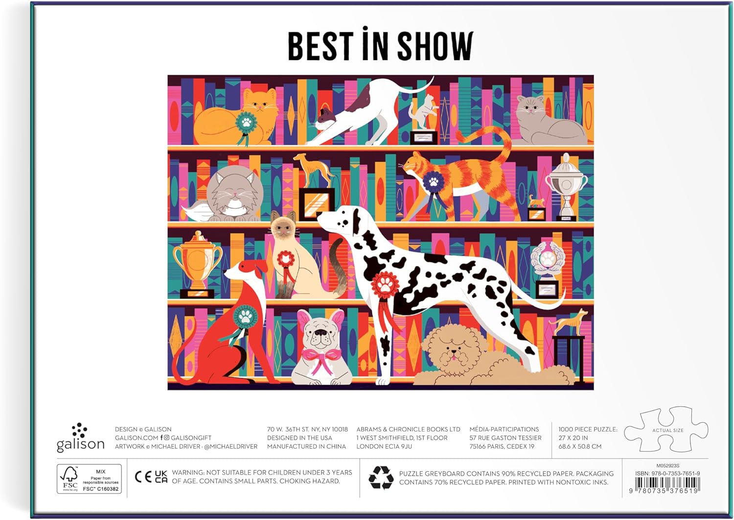 Puzzle 1000 elementów dla dorosłych z motywem nagrodzonych psów i kotów na tle kolorowych książek