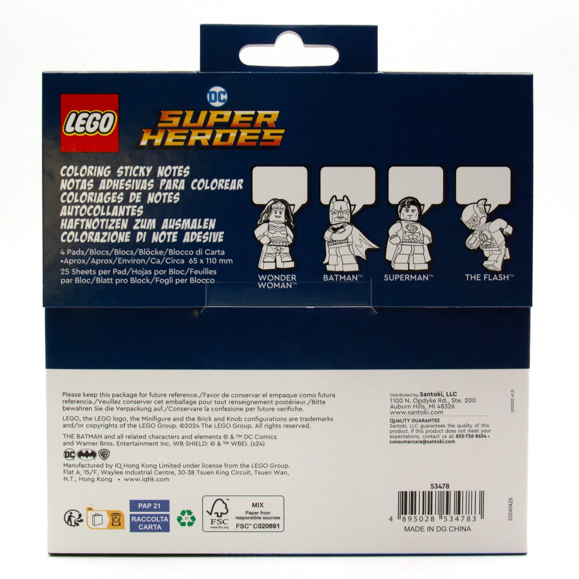 Opakowanie samoprzylepnych karteczek LEGO Batman z postaciami Wonder Woman, Batman, Superman i The Flash