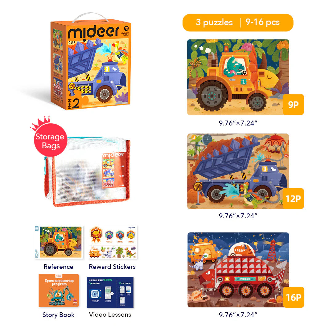 Puzzle dinozaury dla dzieci zestaw 3 układanek z pojazdami i woreczkiem do przechowywania