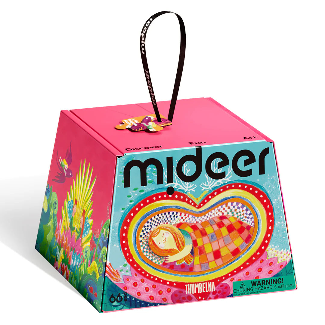 Opakowanie puzzle artystyczne Calineczka marki mideer z kolorową ilustracją Calineczki i wygodną rączką