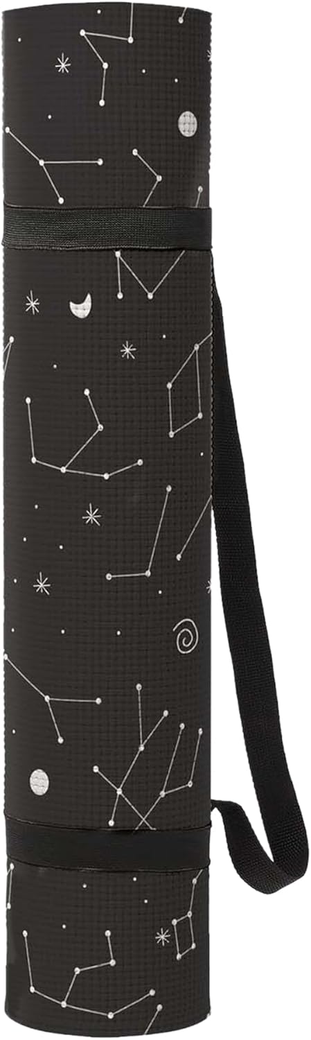 Mata do jogi cosmos czarna z wzorem gwiazdozbiorów i paskiem do przenoszenia