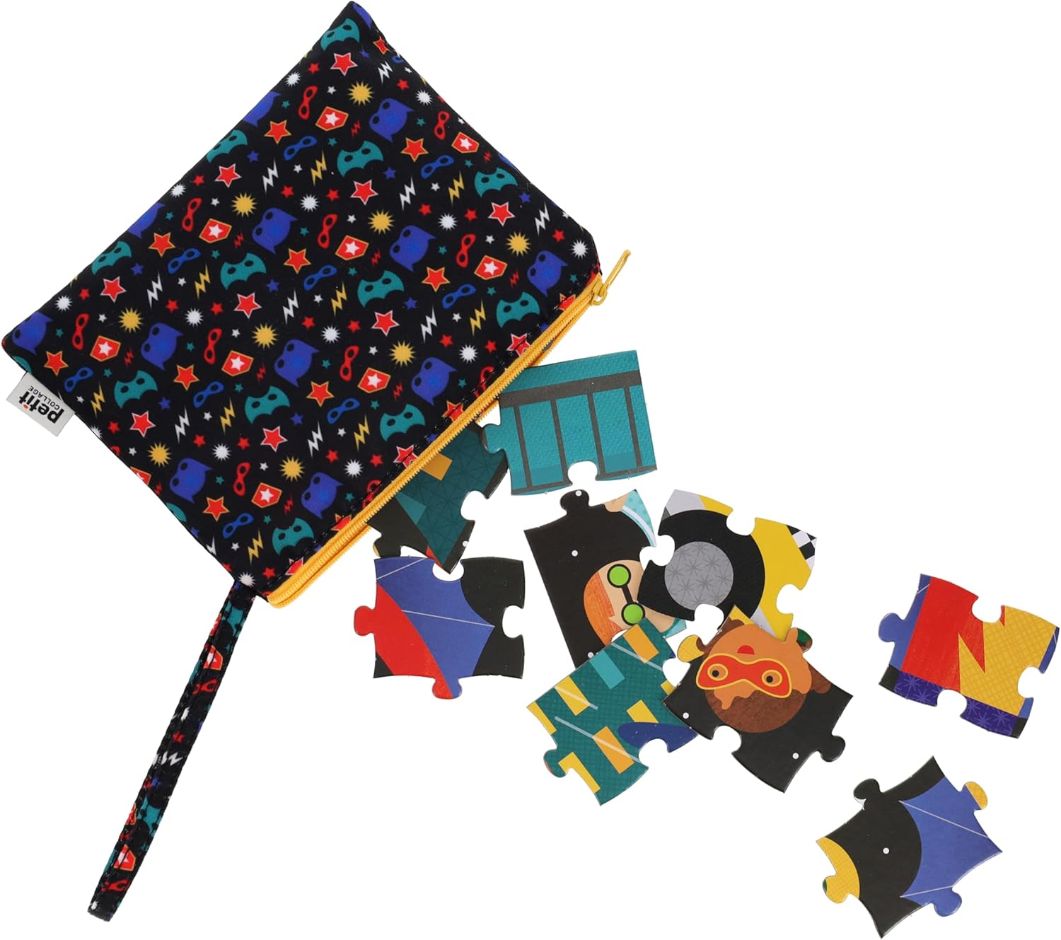 Dwustronne puzzle superbohaterowie firmy Yamann z kolorowymi elementami i woreczkiem na zamek