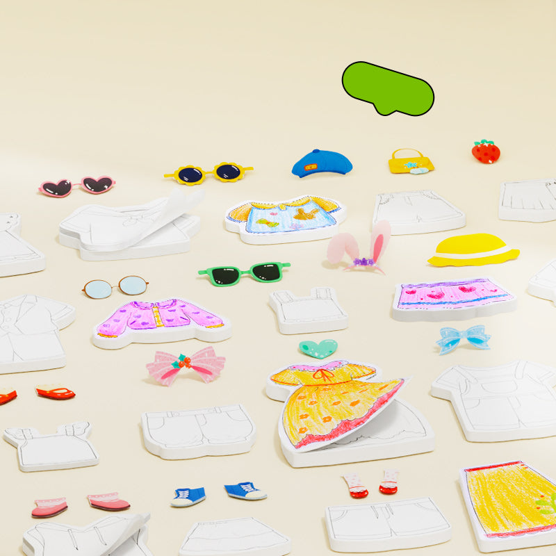 Kolorowanka i przebieranka dla dziewczynek z różnymi ubraniami i dodatkami do zakładania