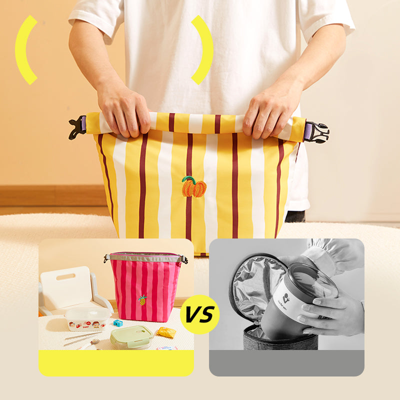 MOB torba na lunch dla dzieci w żółto białe paski z pomarańczą, porównanie funkcji z innym modelem