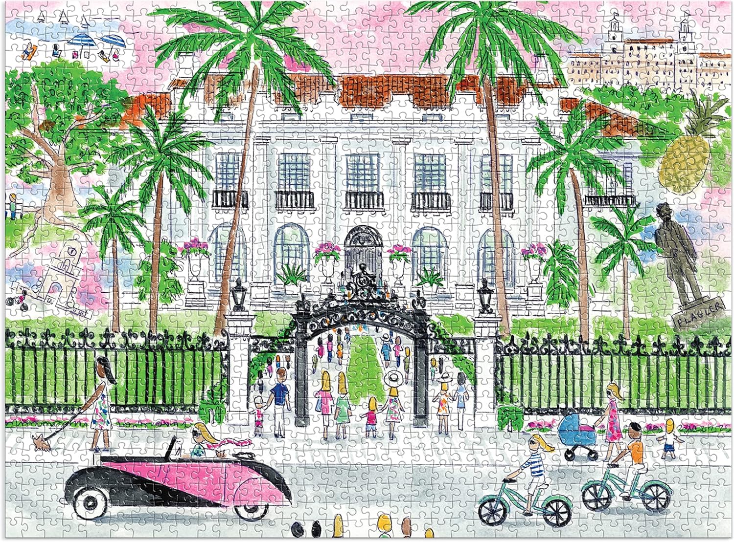 Puzzle 1000 elementów Palm Beach przedstawiające rysunek plaży z palmami i zabytkowym budynkiem
