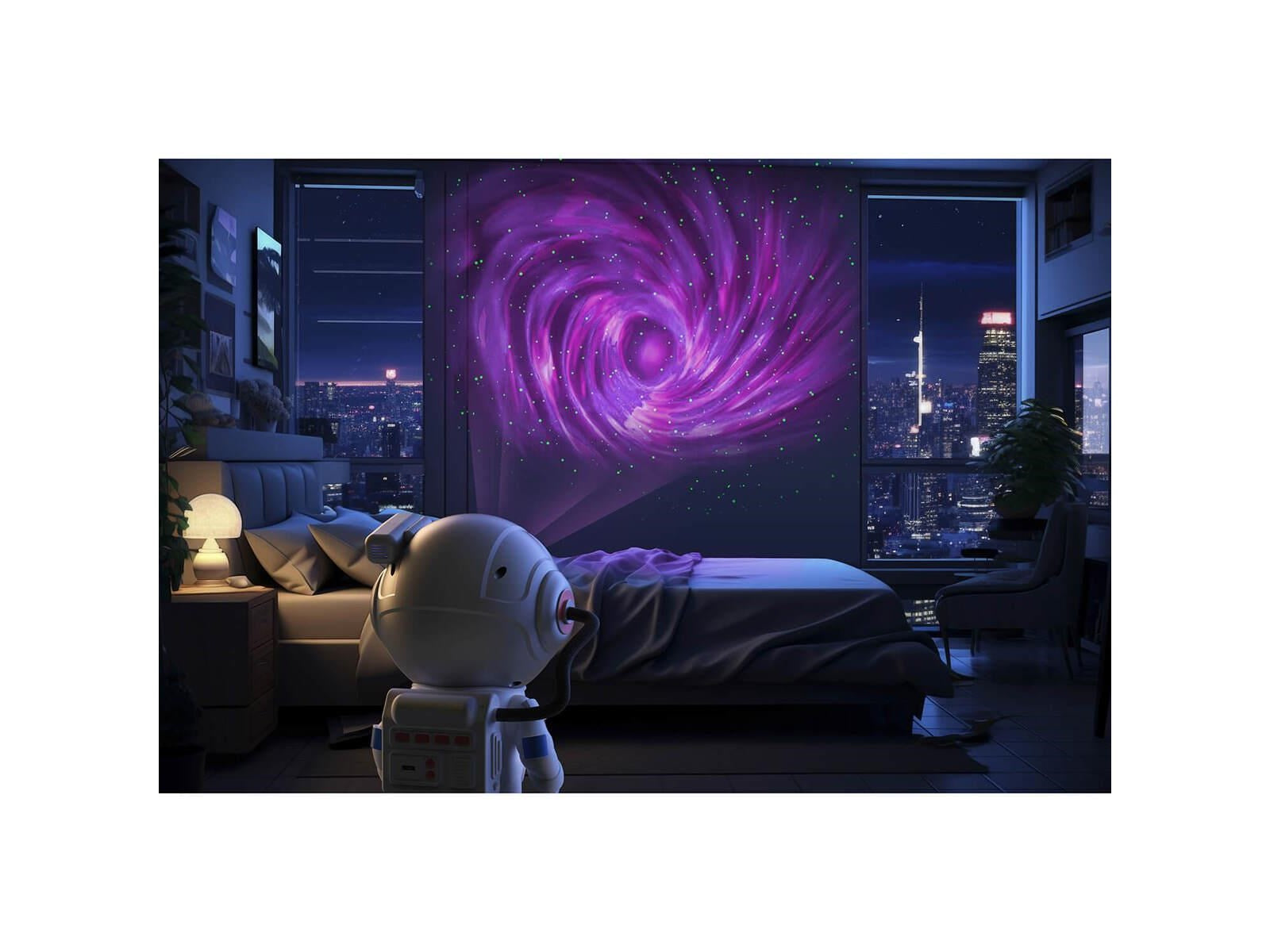 Projektor gwiazd dla dzieci wyświetlający fioletową galaktykę w nowoczesnej dziecięcej sypialni