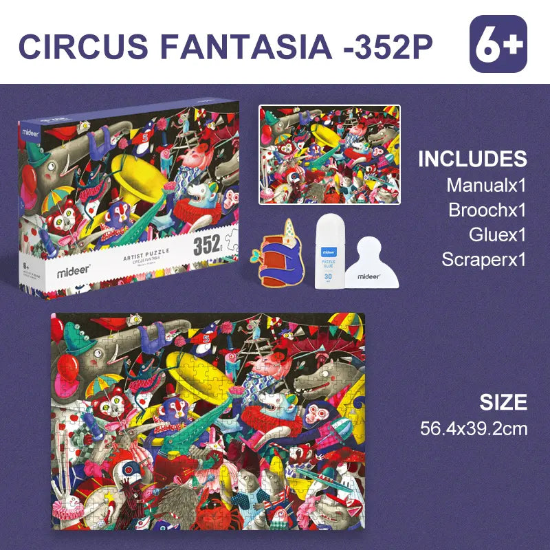Puzzle artystyczne mideer Circus Fantasia 352 elementy z kolorowymi postaciami cyrkowymi dla dzieci 6 plus