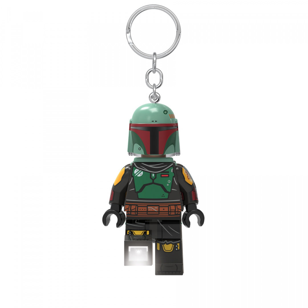Brelok z latarką LEGO Star Wars Boba Fett przedstawiający zieloną figurkę z detalami hełmu i zbroi