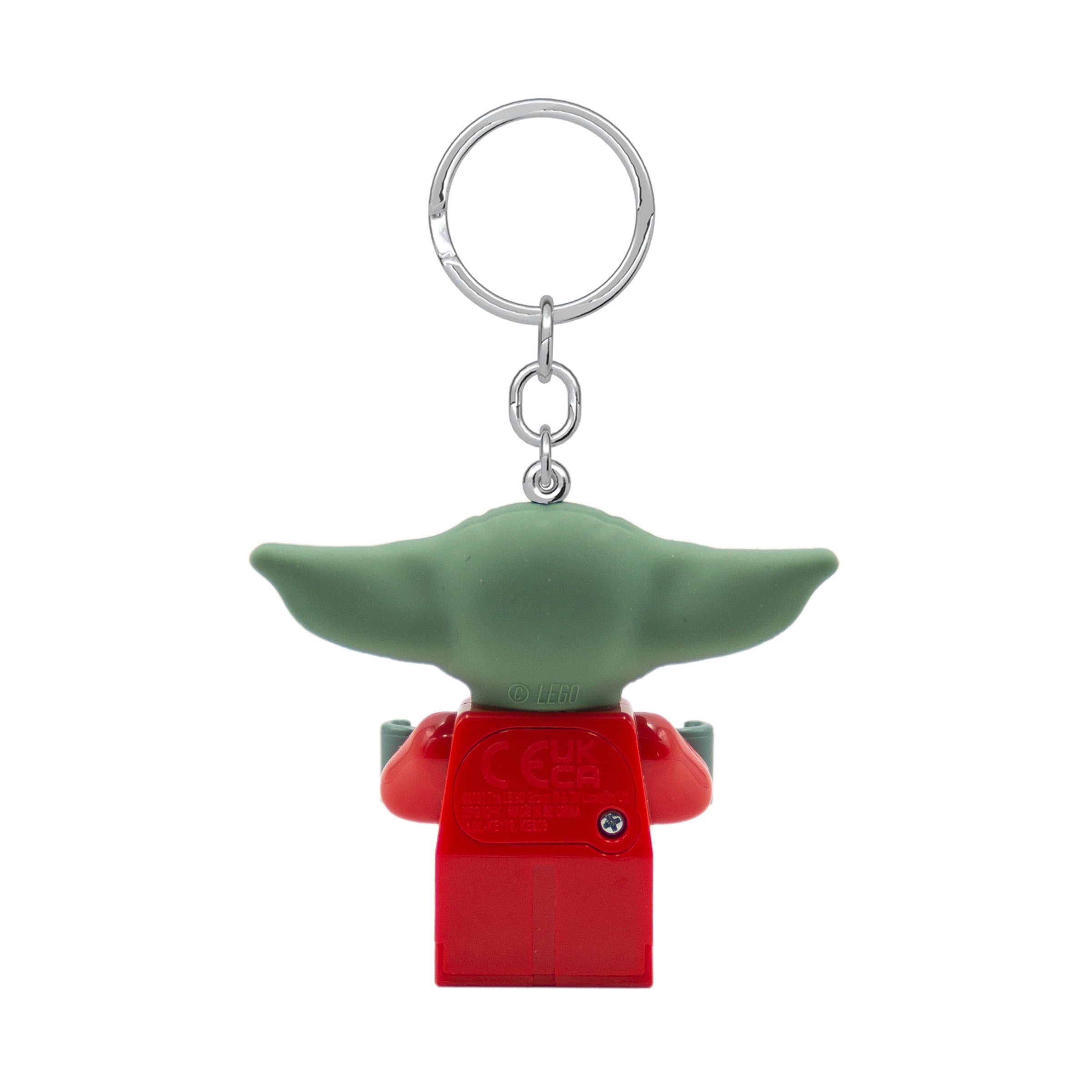 brelok LEGO Star Wars Grogu z zieloną głową i czerwonym ciałem na metalowym kółku