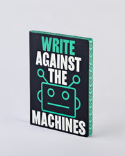 Czarny notatnik Write Against The Machines z zielonym nadrukiem robota i białym napisem