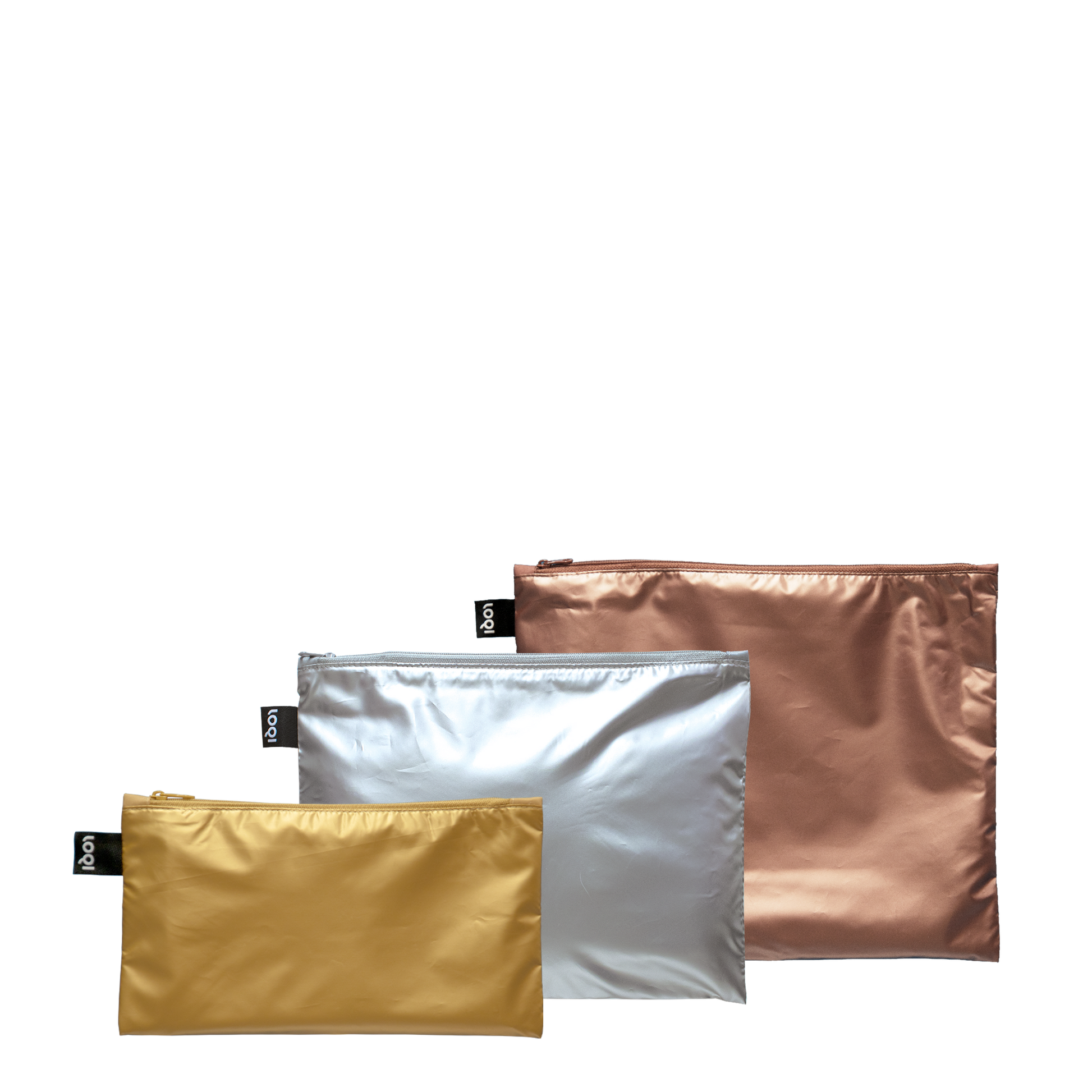 Zestaw saszetek metalicznych LOQI w złotym, srebrnym i miedzianym kolorze na czarnym tle