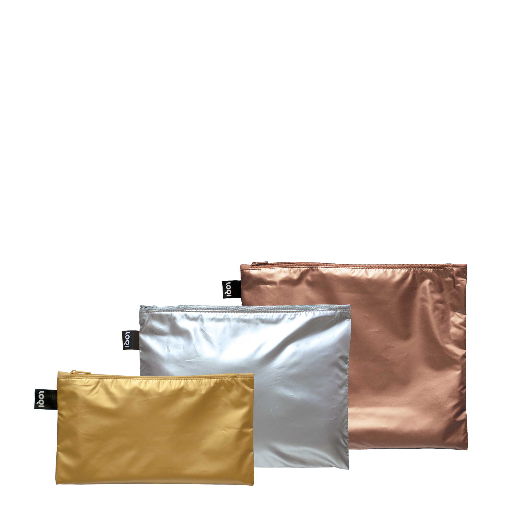 Zestaw saszetek metalicznych LOQI w złotym, srebrnym i miedzianym kolorze na czarnym tle