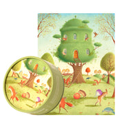 Artystyczne puzzle dla dzieci przedstawiające zielone drzewo z domem i zwierzętami na polanie