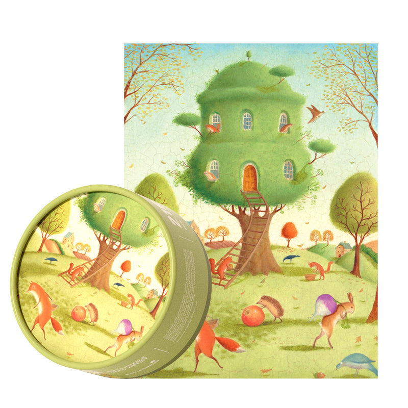 Artystyczne puzzle dla dzieci przedstawiające zielone drzewo z domem i zwierzętami na polanie