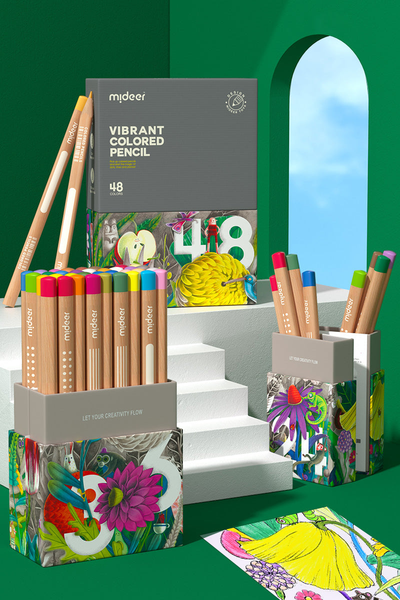 Kredki olejne mideer 48 sztuk w ozdobnym opakowaniu z kolorowymi rysunkami i różnorodnymi odcieniami