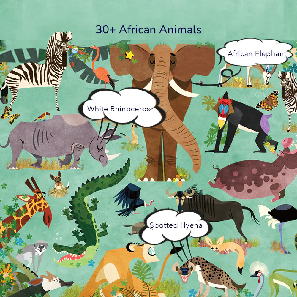Kolorowa ilustracja puzzli edukacyjnych zwierzęta afryki z ponad 30 zwierzętami afrykańskimi