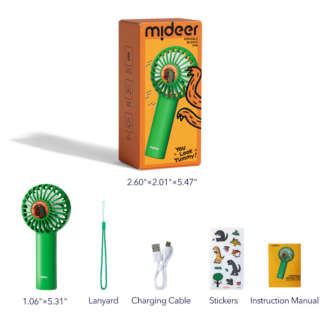 Zielony cichy wentylator przenośny Yamann z ładowaniem USB i dodatkowymi akcesoriami w opakowaniu
