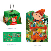 Puzzle artystyczne dla dzieci Mideer z kolorową ilustracją postaci w czerwonym kapeluszu i elementami przyrody