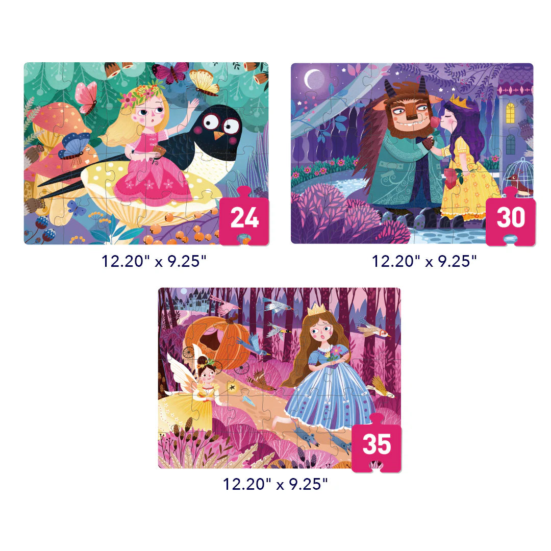 Zestaw puzzli dla dzieci księżniczka z kolorowymi ilustracjami i różną liczbą elementów