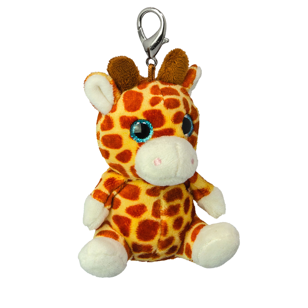 Miękki pluszowy brelok żyrafa z dużymi błyszczącymi oczami i metalowym karabińczykiem