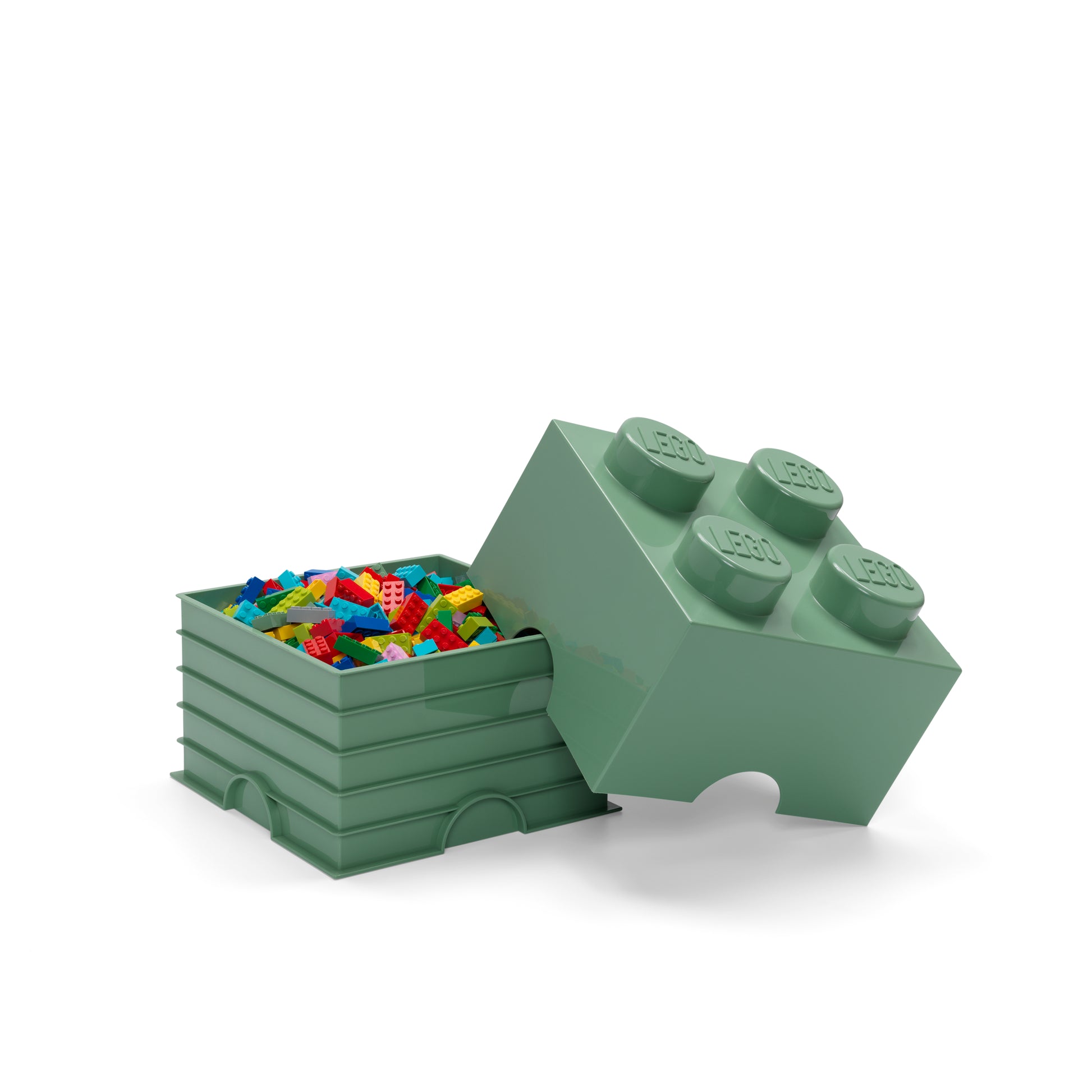 Pojemnik LEGO Brick 4 oliwkowy z kolorowymi klockami, idealny do przechowywania LEGO
