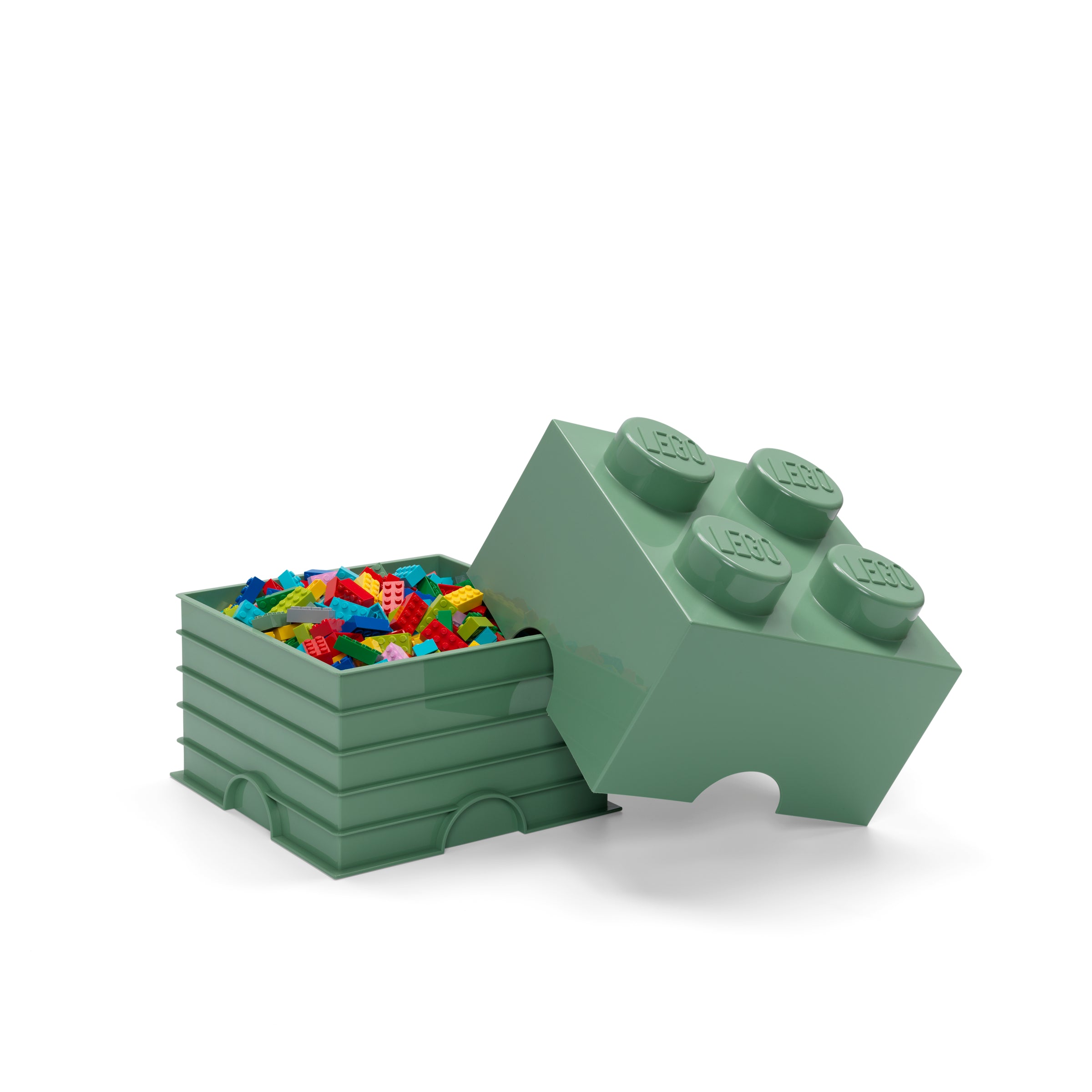 Pojemnik LEGO Brick 4 oliwkowy z kolorowymi klockami, idealny do przechowywania LEGO
