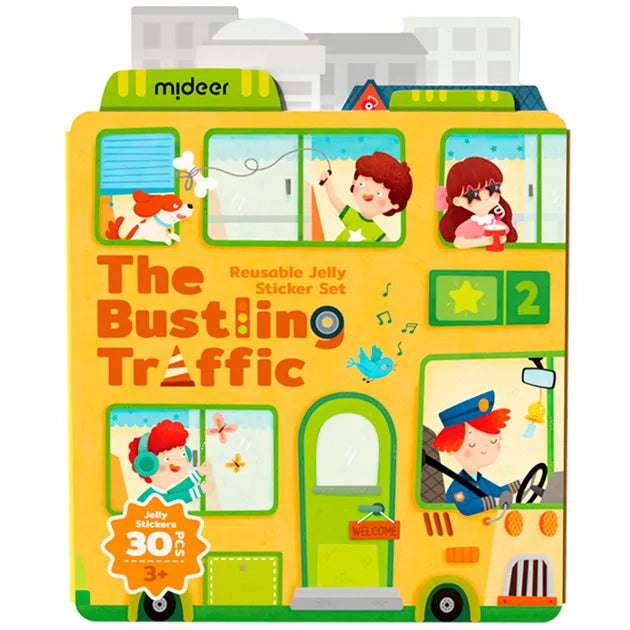 Żółta książeczka z żelowymi naklejkami wielorazowymi dla dzieci przedstawiająca autobus z postaciami