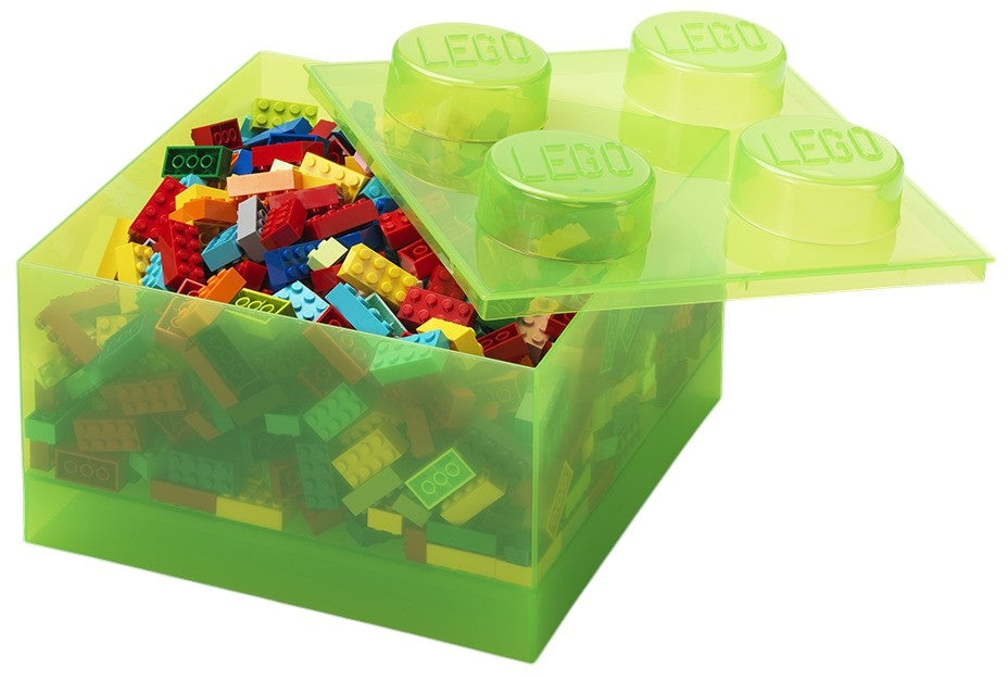 Zielony pojemnik LEGO na klocki z przezroczystą pokrywką i kolorowymi klockami w środku