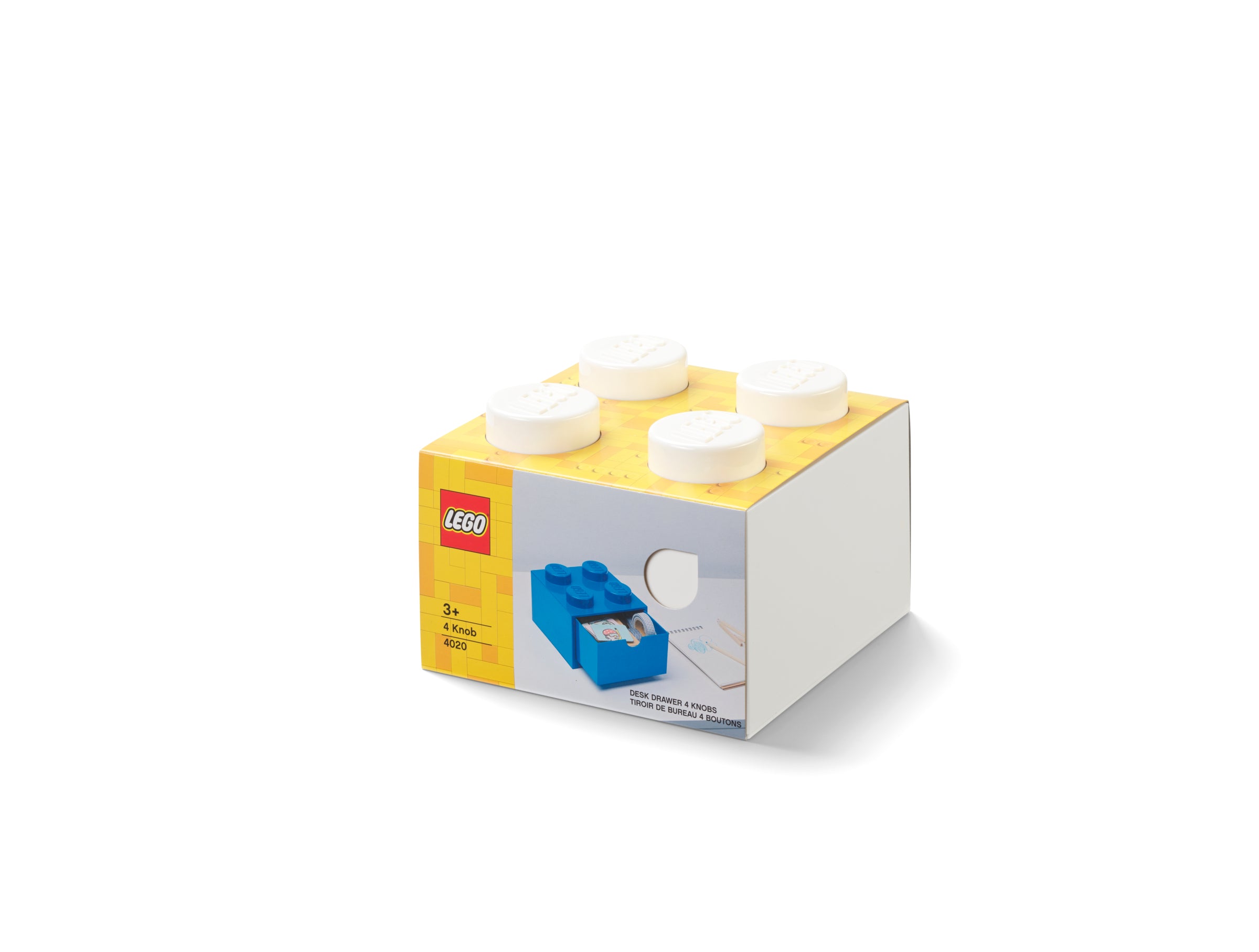 Szuflada LEGO na biurko w kształcie klocka z czterema białymi wypustkami i żółtym wieczkiem