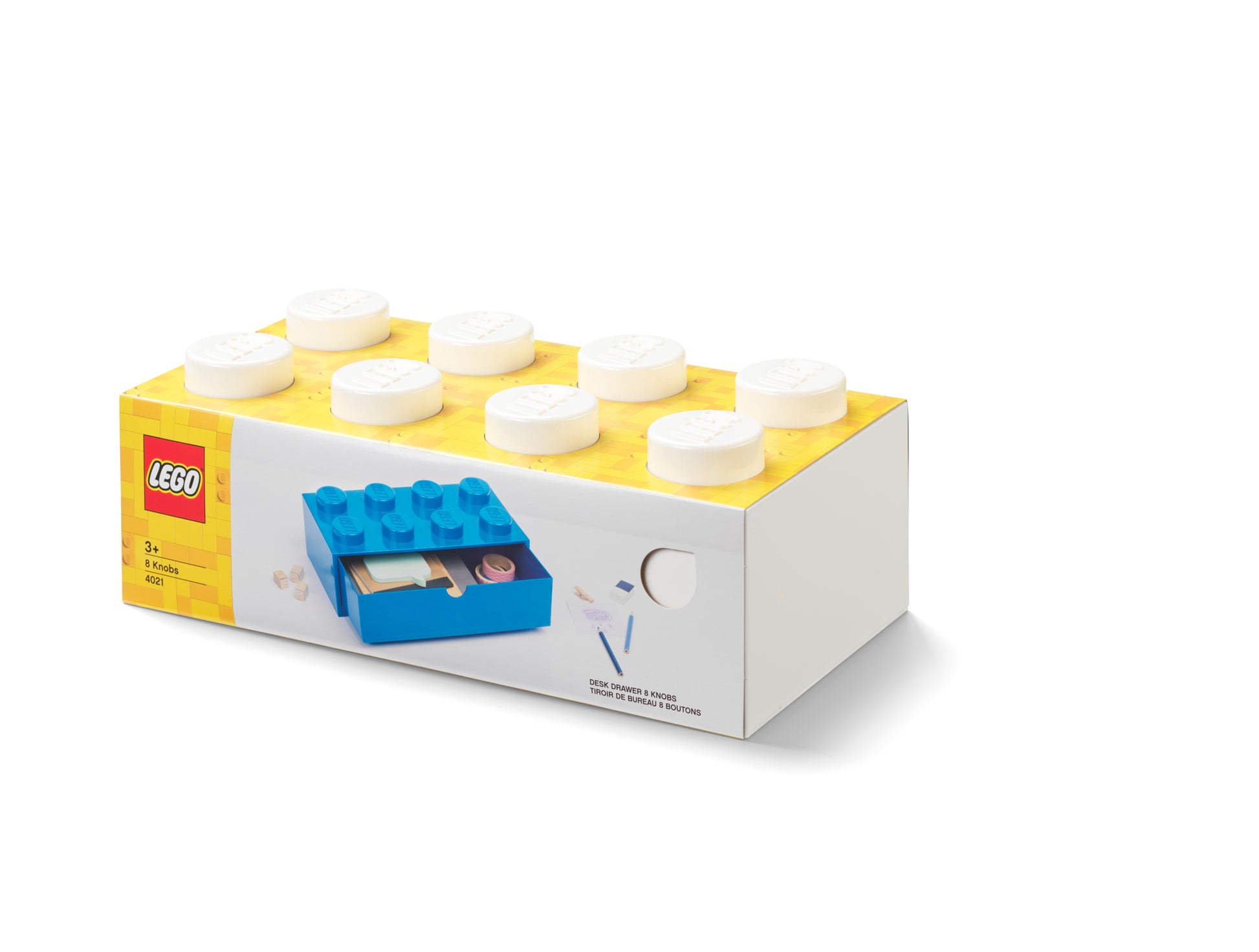 Szufladka LEGO na biurko w kształcie dużej żółtej kostki z niebieską wysuwaną szufladą