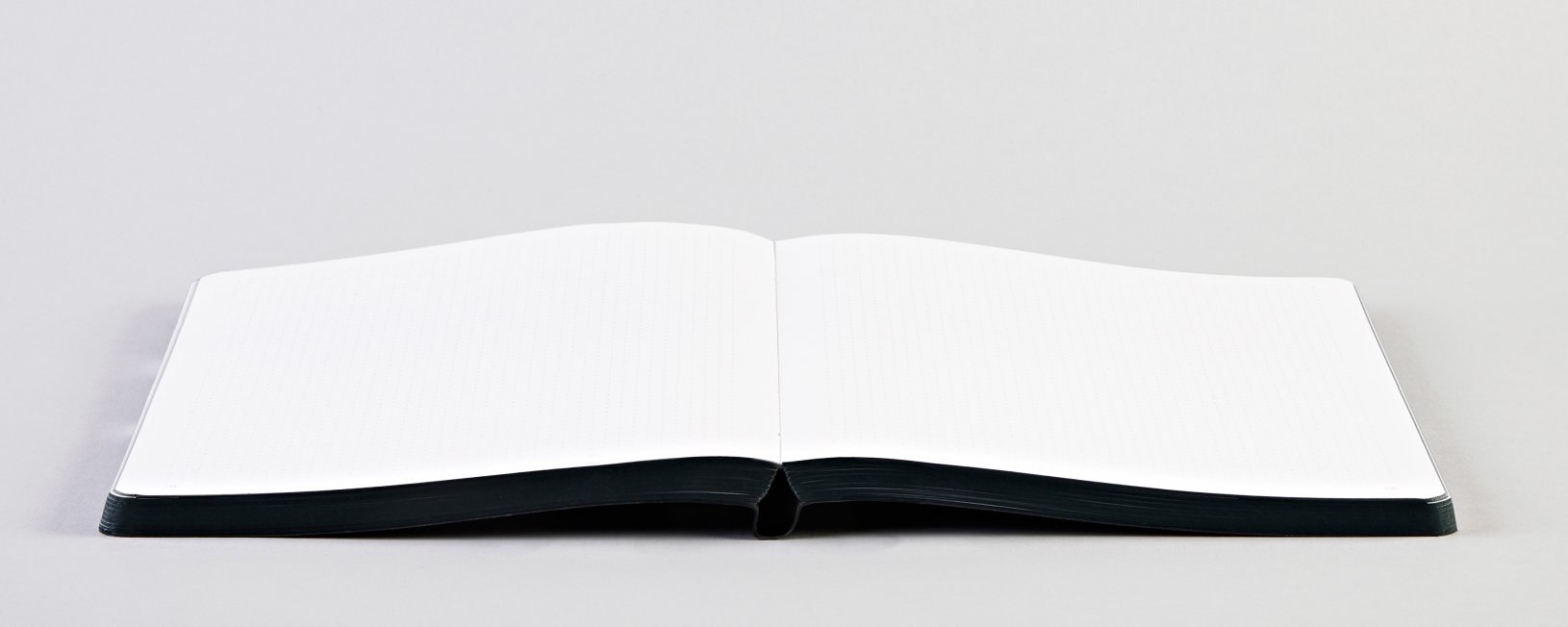 Otwarty notatnik Holy Shit z czarną oprawą i pustymi stronami do pisania