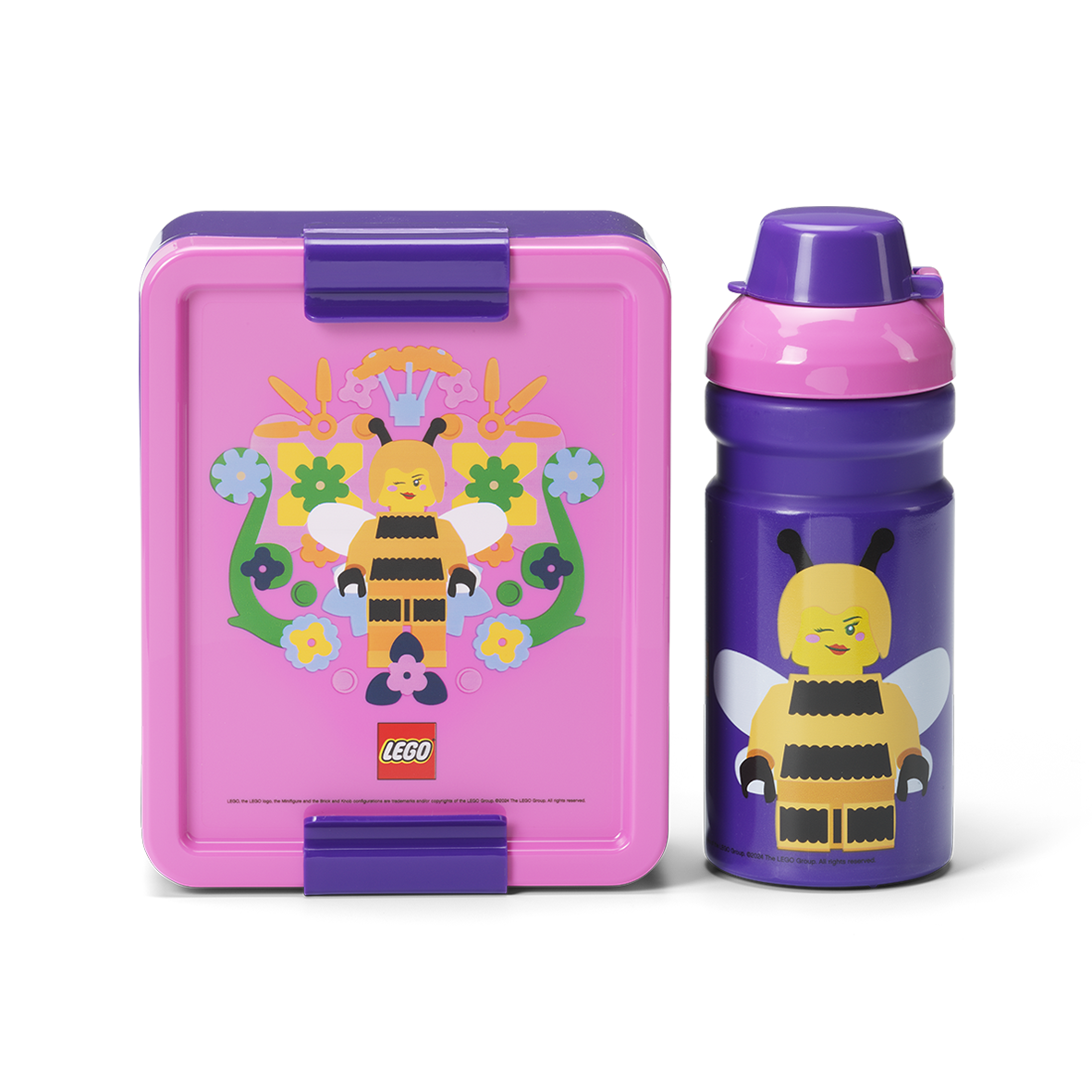 Lunchbox LEGO Pszczółka różowy z butelką na napój w fioletowym kolorze z motywem pszczółki