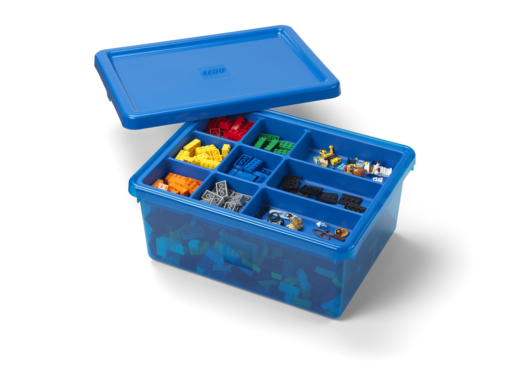 Niebieski pojemnik LEGO na klocki z przegródkami do segregacji i przechowywania różnych elementów