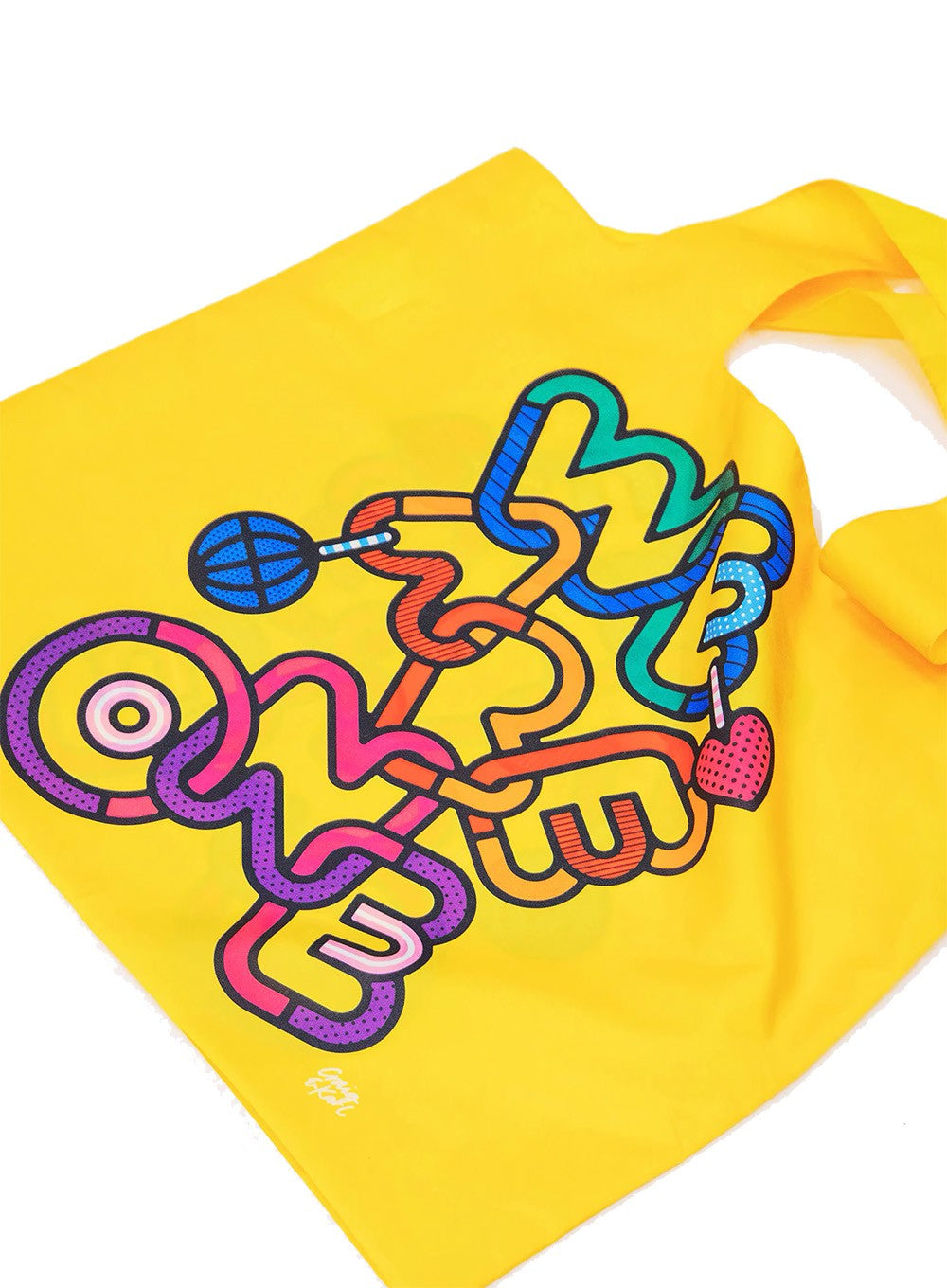 Żółta torba ekologiczna LOQI Craig & Karl z kolorowym, abstrakcyjnym wzorem i wygodnymi uchwytami