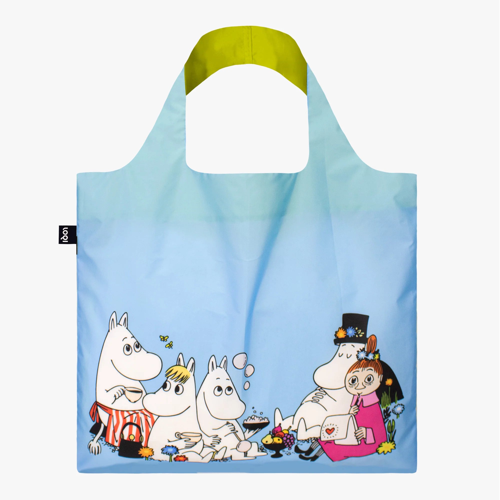 Torba LOQI Moomin z postaciami Muminków na niebieskim tle wygodna i lekka torba na zakupy