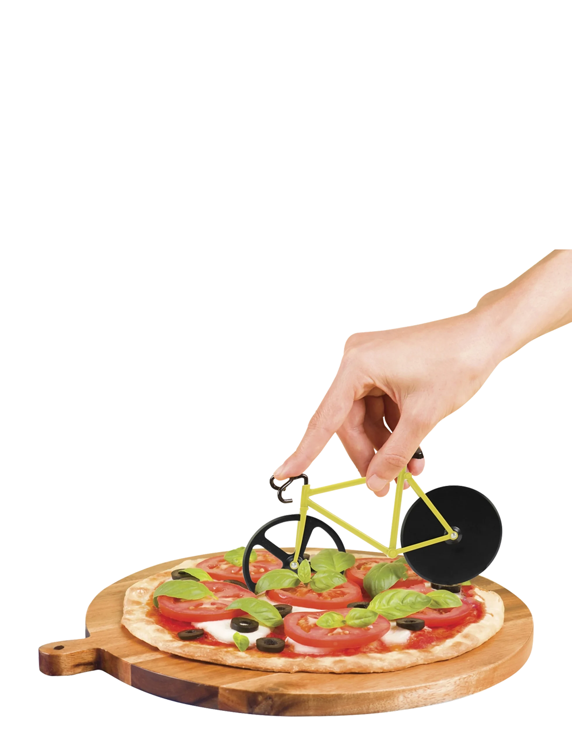 Nóż do pizzy rower w kształcie roweru do krojenia pizzy na drewnianej desce