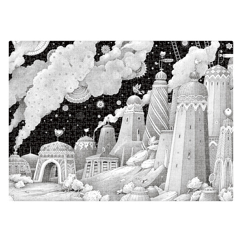 Mideer puzzle artystyczne 1000 elementów z czarno-białym fantasy miastem i wieżami na tle gwiaździstego nieba
