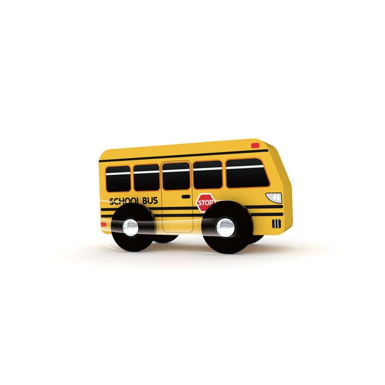 Żółty drewniany autobus szkolny jako część zestawu drewniane autka dla dzieci od BV JACOB COMPANY